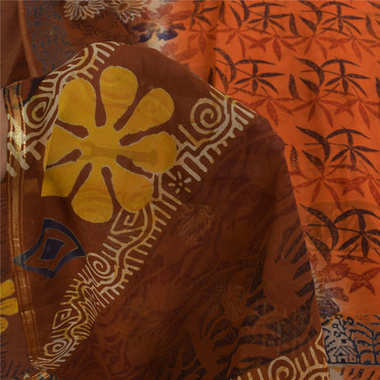 Sanskriti Vintage Sarees Orange/Brown Pure Georgette Printed Sari 5+yd Sustainable Fabric