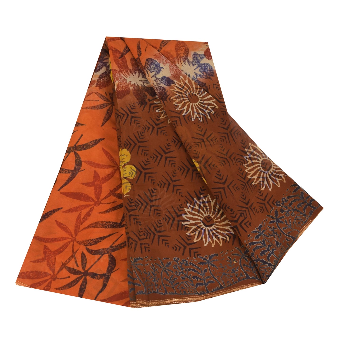 Sanskriti Vintage Sarees Orange/Brown Pure Georgette Printed Sari 5+yd Sustainable Fabric