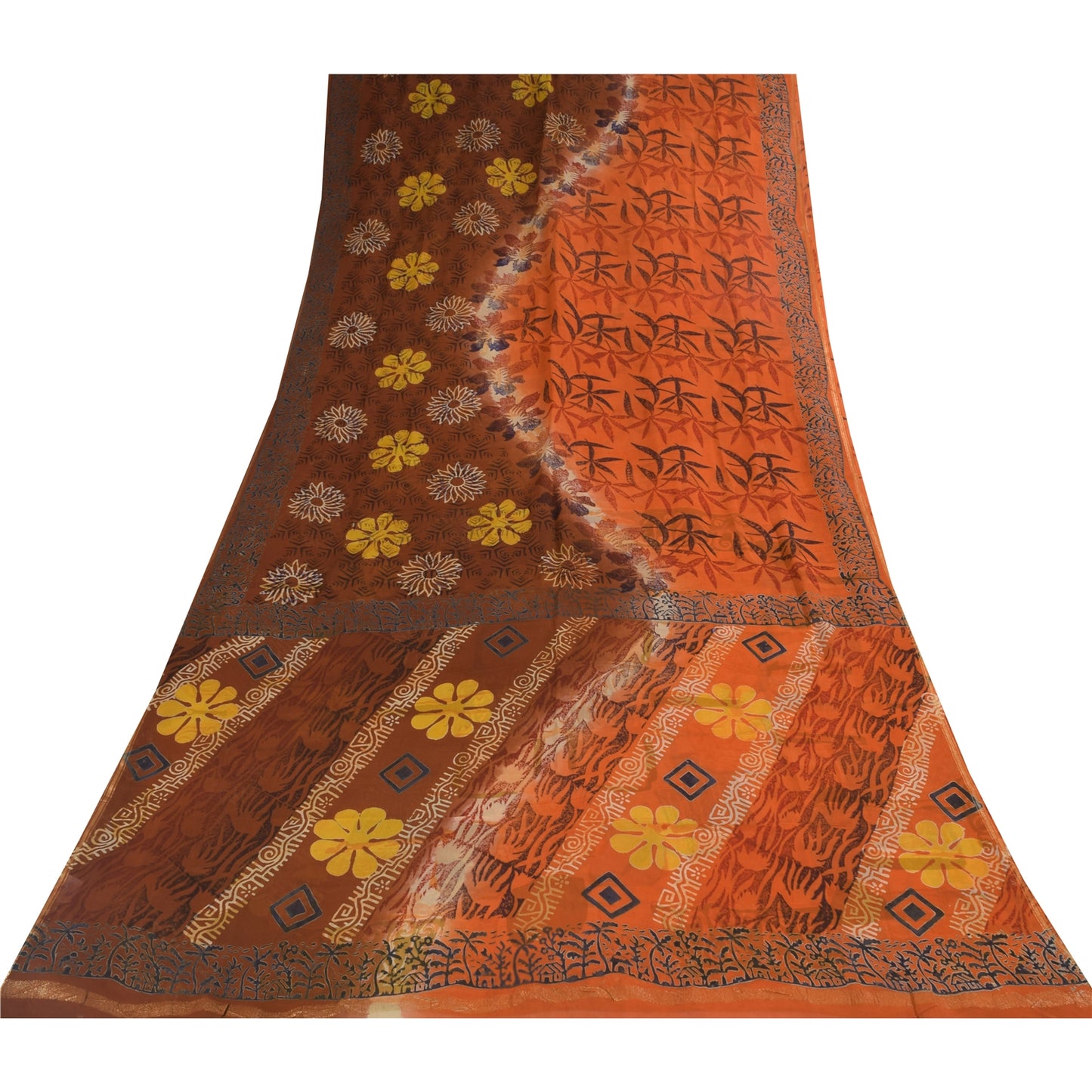 Sanskriti Vintage Sarees Orange/Brown Pure Georgette Printed Sari 5+yd Sustainable Fabric