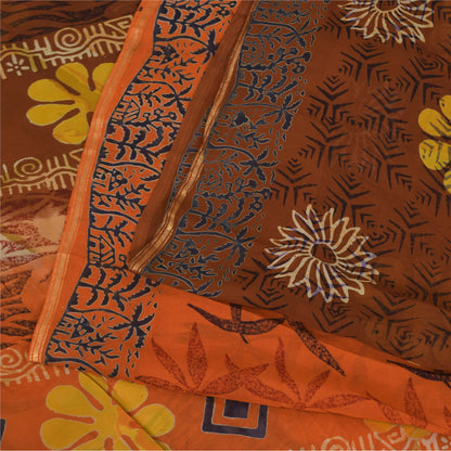 Sanskriti Vintage Sarees Orange/Brown Pure Georgette Printed Sari 5+yd Sustainable Fabric