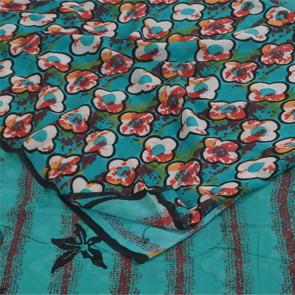 Sanskriti Vintage Sarees Blue Pure Georgette Silk Printed Sari 5+yd Craft Sustainable Fabric