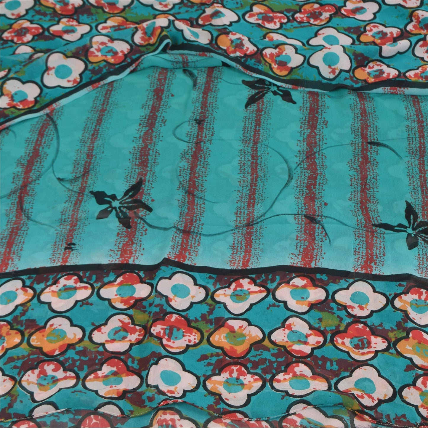 Sanskriti Vintage Sarees Blue Pure Georgette Silk Printed Sari 5+yd Craft Sustainable Fabric