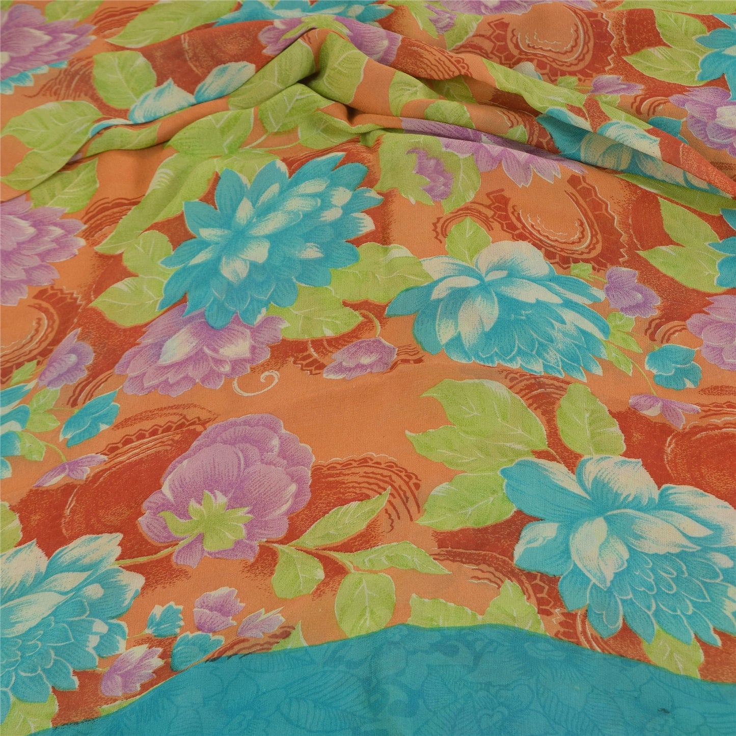 Sanskriti Vintage Sarees Multi Pure Georgette Silk Print Sari 5+yd Craft Sustainable Fabric