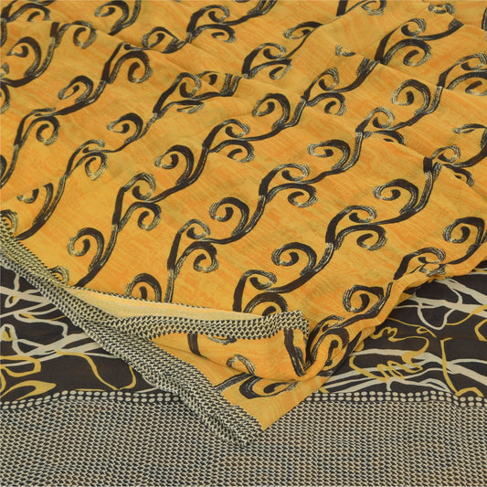 Sanskriti Vintage Sarees Yellow Pure Georgette Silk Print Sari 5+yd Craft Sustainable Fabric
