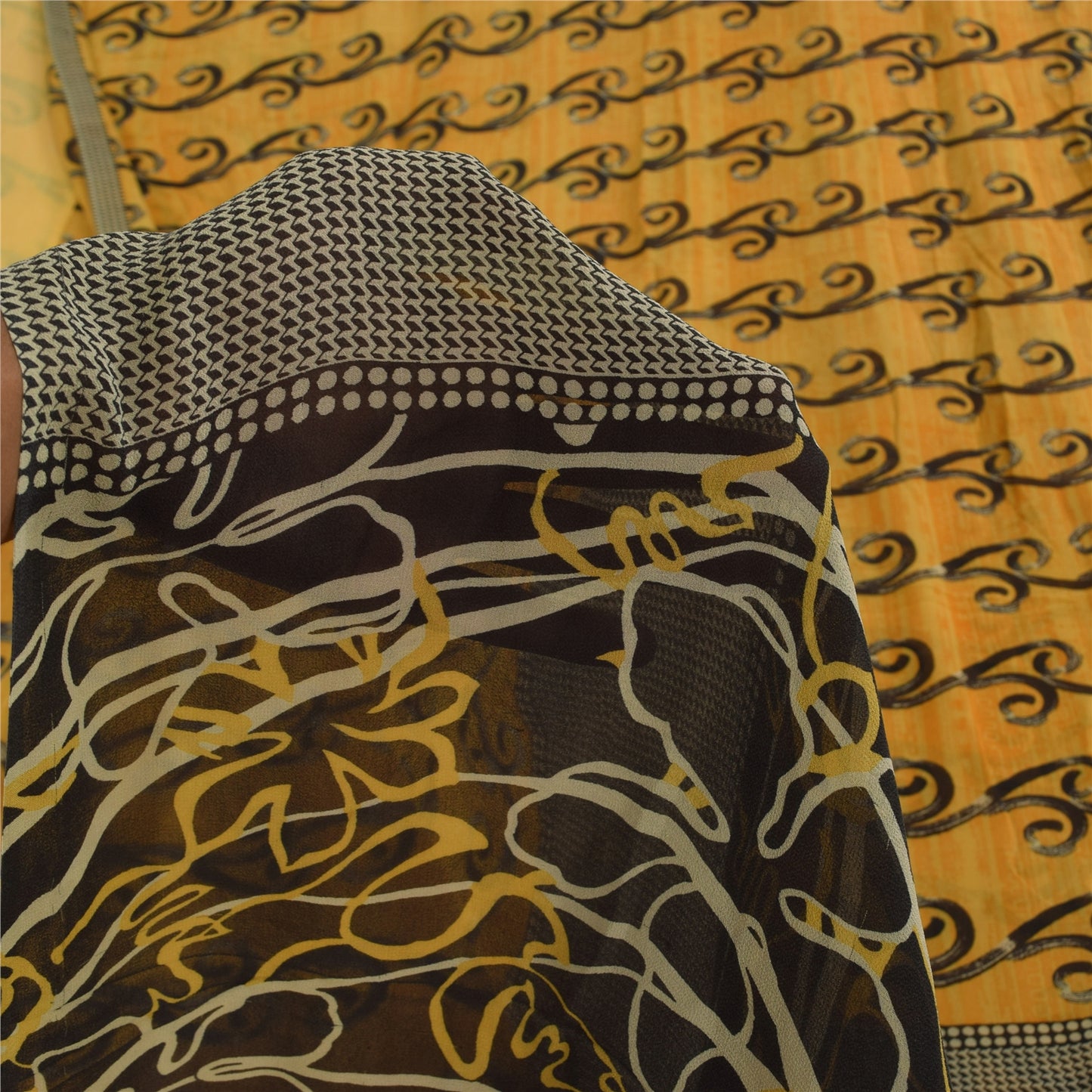 Sanskriti Vintage Sarees Yellow Pure Georgette Silk Print Sari 5+yd Craft Sustainable Fabric