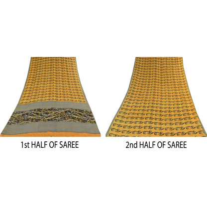 Sanskriti Vintage Sarees Yellow Pure Georgette Silk Print Sari 5+yd Craft Sustainable Fabric