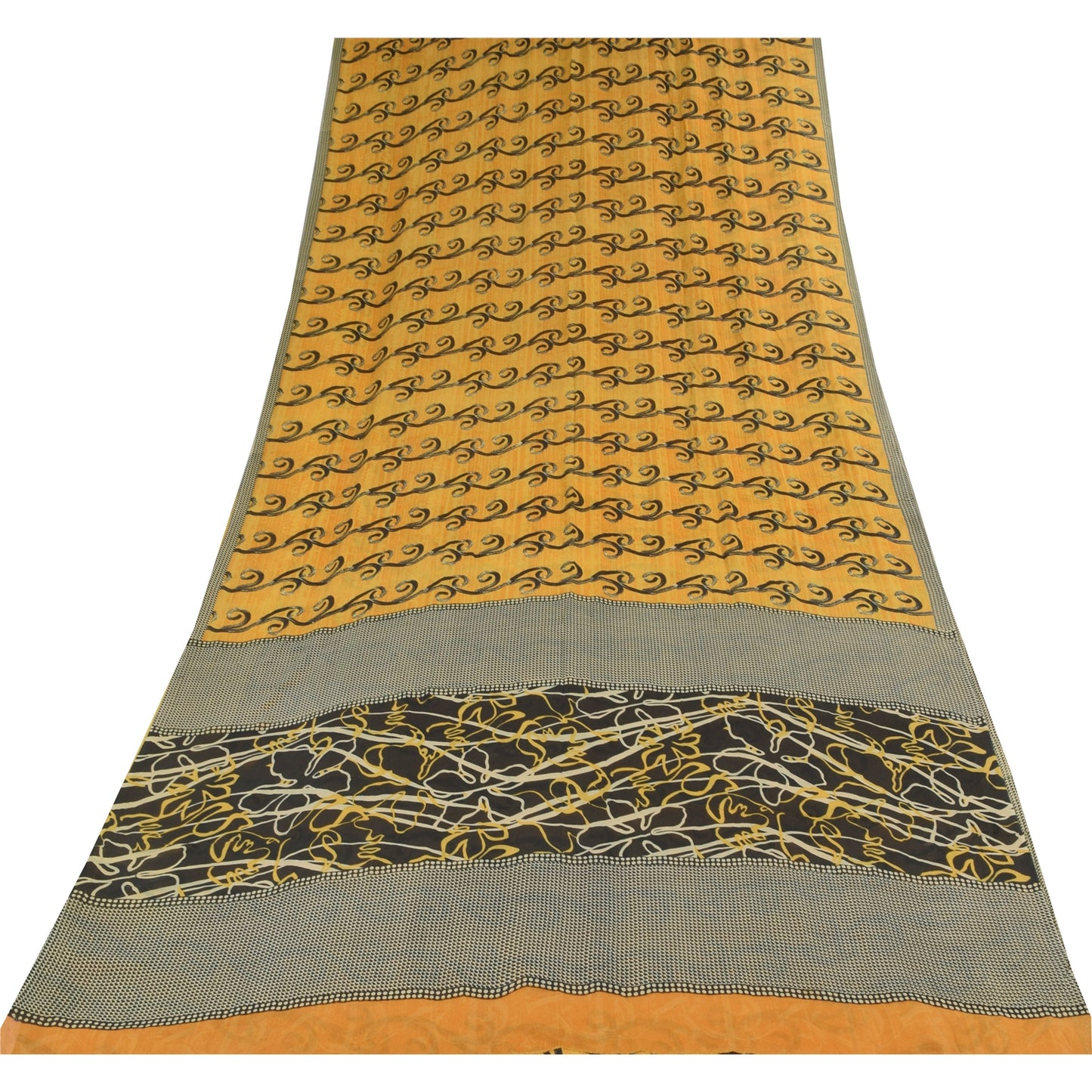 Sanskriti Vintage Sarees Yellow Pure Georgette Silk Print Sari 5+yd Craft Sustainable Fabric