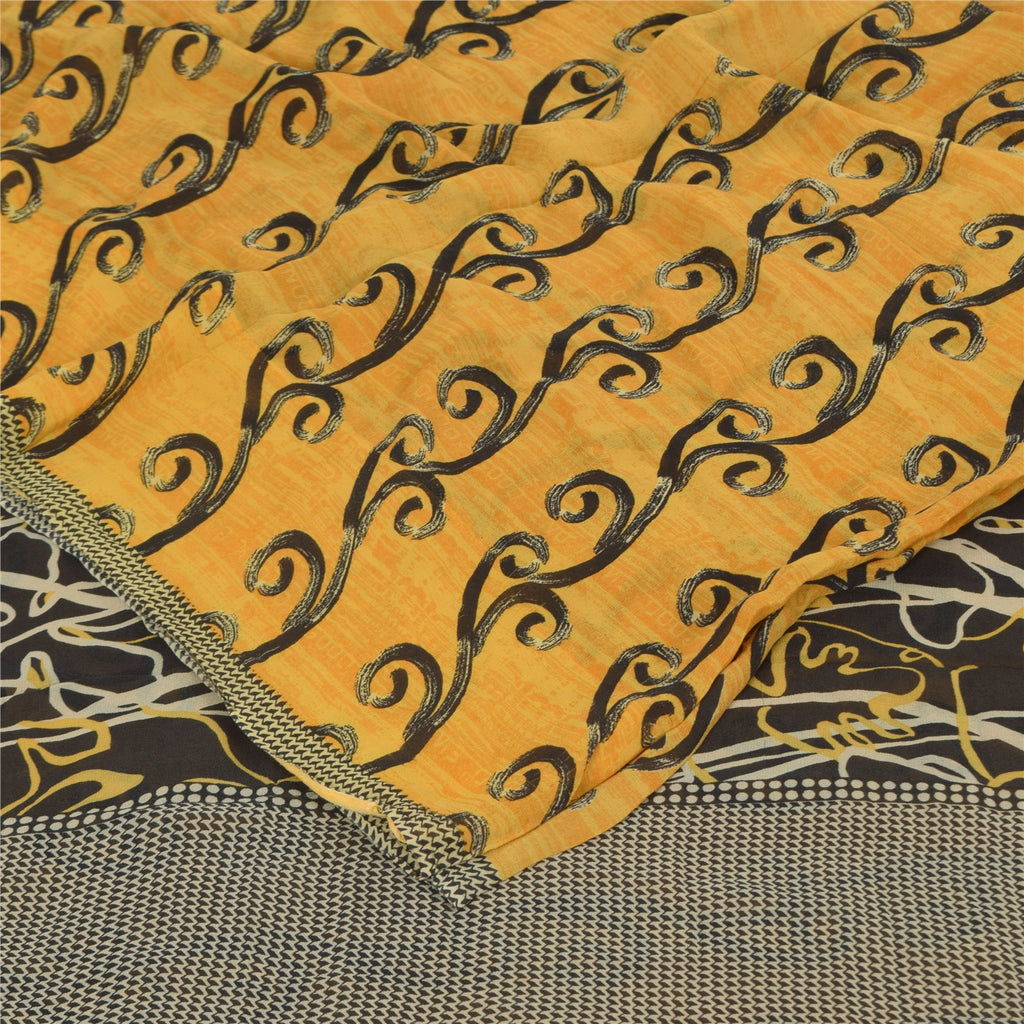 Sanskriti Vintage Sarees Yellow Pure Georgette Silk Print Sari 5+yd Craft Sustainable Fabric