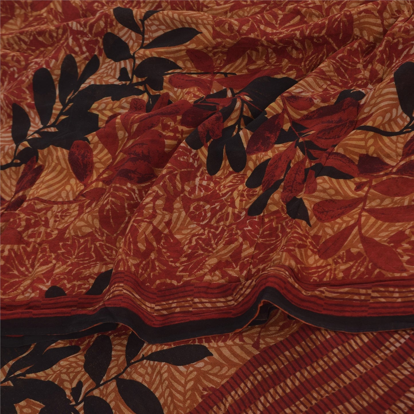 Sanskriti Vintage Sarees Dark Red Pure Georgette Printed Sari 5+yd Craft Sustainable Fabric