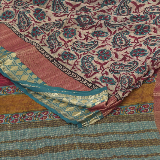 Sanskriti Vintage Sarees Ivory Pure Georgette Silk Print Sari 5+yd Craft Sustainable Fabric