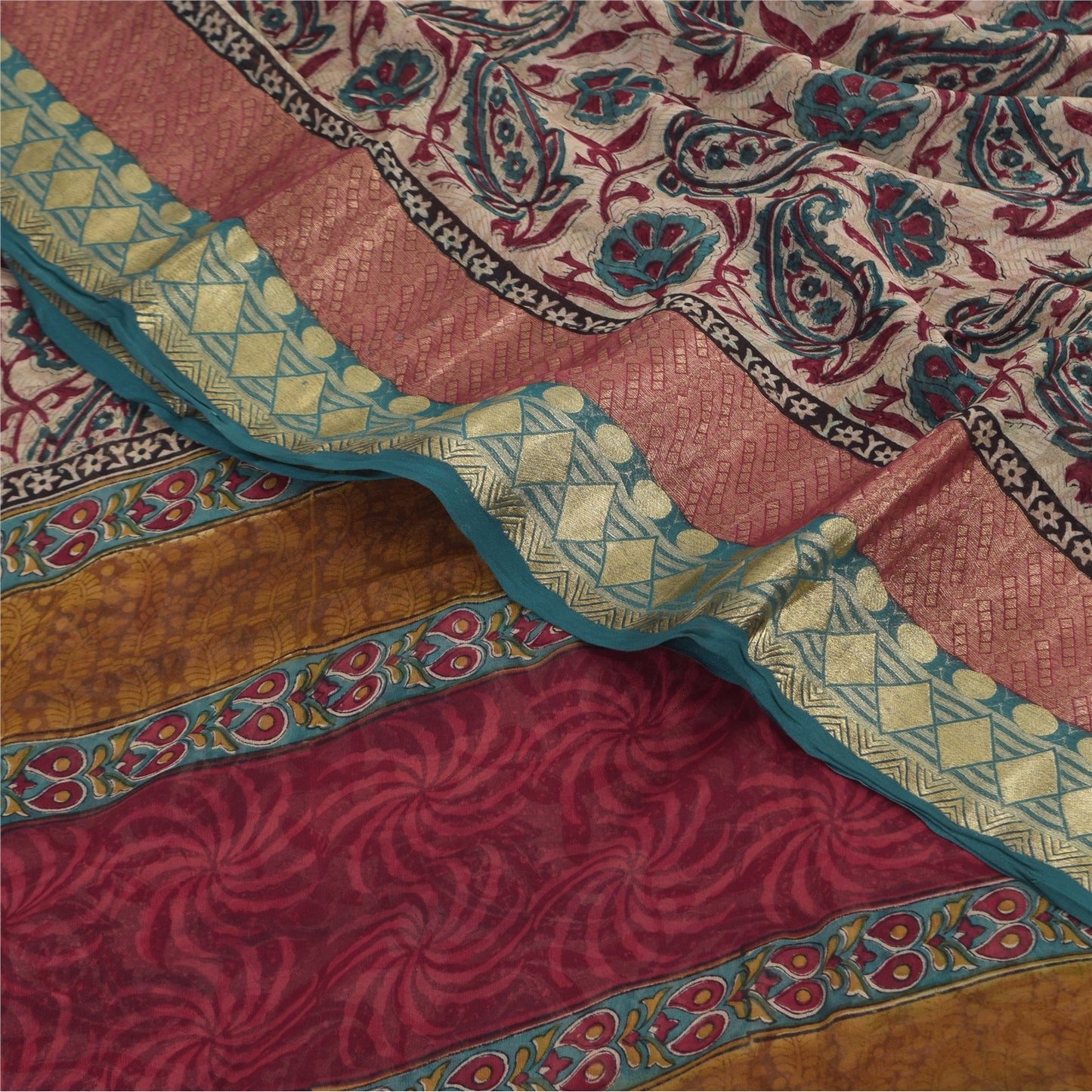 Sanskriti Vintage Sari 100% Pure Georgette Silk Saree Ivory Floral Print 5+Yd Craft Fabric Bohemian Fabric For Dressmaking,Craft Supplies