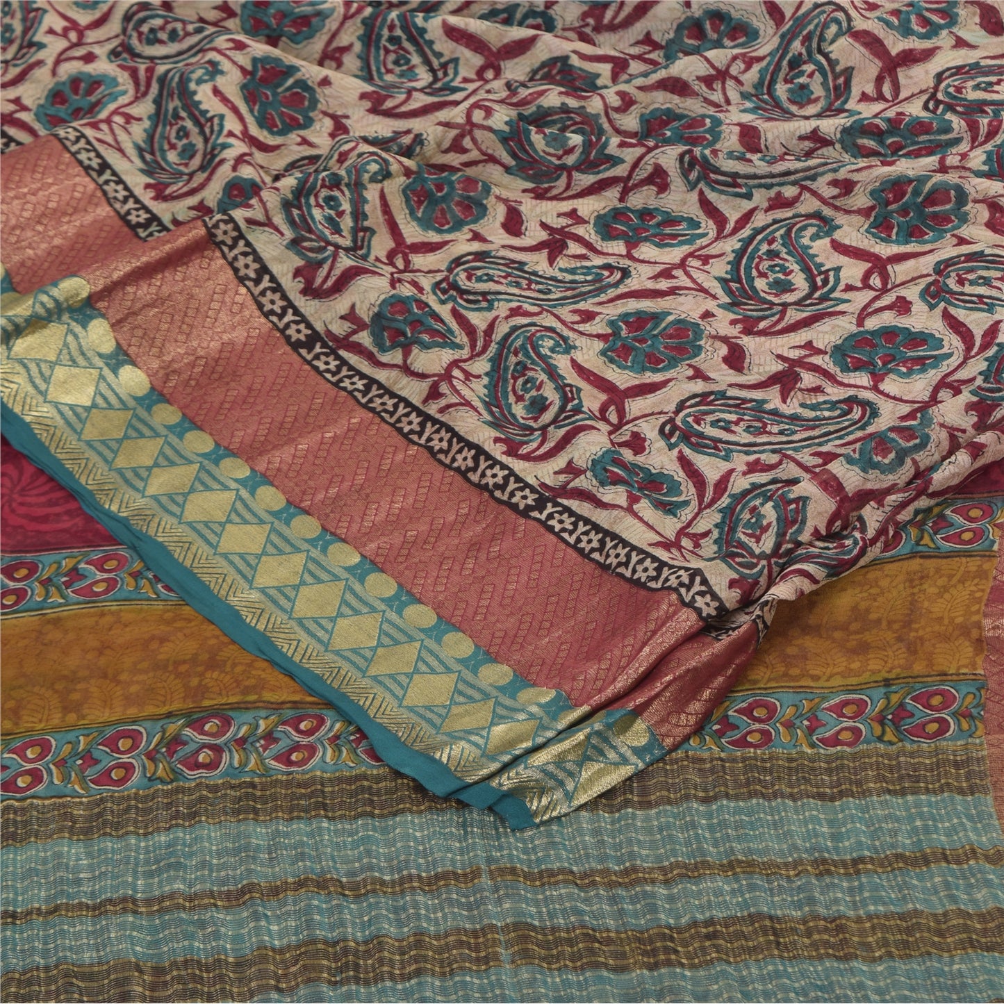 Sanskriti Vintage Sari 100% Pure Georgette Silk Saree Ivory Floral Print 5+Yd Craft Fabric Bohemian Fabric For Dressmaking,Craft Supplies