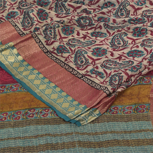 Sanskriti Vintage Sarees Ivory Pure Georgette Silk Print Sari 5+yd Craft Sustainable Fabric