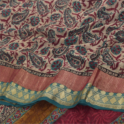 Sanskriti Vintage Sari 100% Pure Georgette Silk Saree Ivory Floral Print 5+Yd Craft Fabric Bohemian Fabric For Dressmaking,Craft Supplies