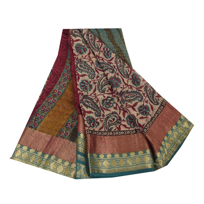 Sanskriti Vintage Sari 100% Pure Georgette Silk Saree Ivory Floral Print 5+Yd Craft Fabric Bohemian Fabric For Dressmaking,Craft Supplies