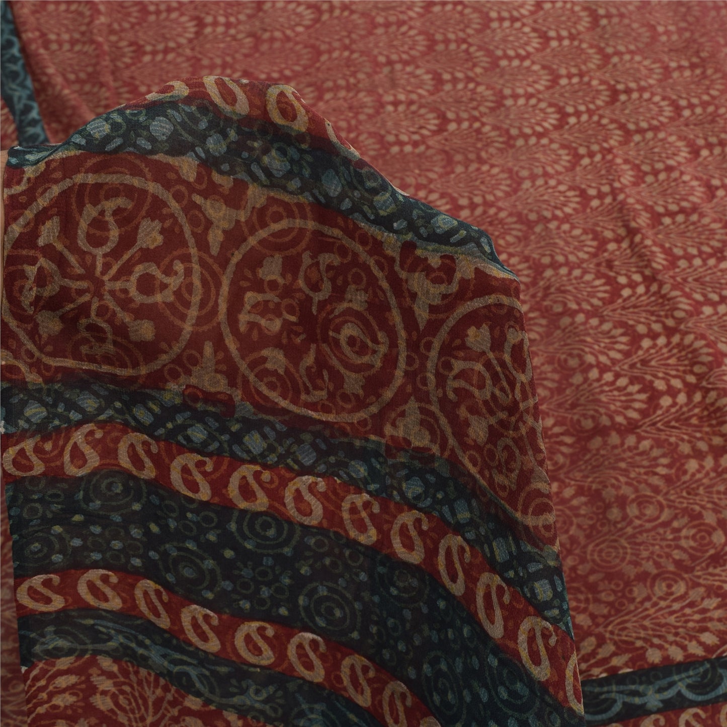 Sanskriti Vintage Sarees Red Pure Georgette Silk Printed Sari 6yd Craft Sustainable Fabric