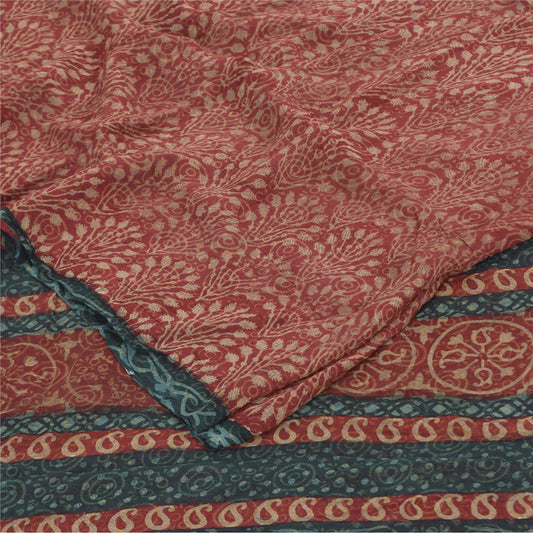 Sanskriti Vintage Sarees Red Pure Georgette Silk Printed Sari 6yd Craft Sustainable Fabric