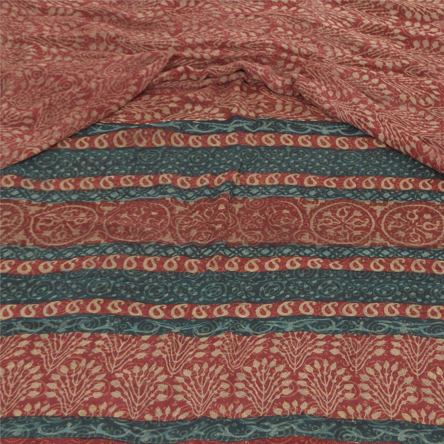 Sanskriti Vintage Sarees Red Pure Georgette Silk Printed Sari 6yd Craft Sustainable Fabric