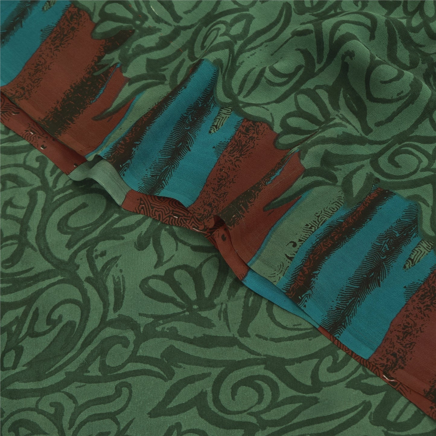 Sanskriti Vintage Sarees Green Pure Georgette Silk Print Sari 5+yd Craft Sustainable Fabric