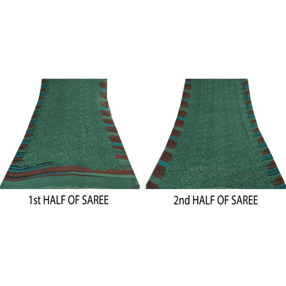 Sanskriti Vintage Sarees Green Pure Georgette Silk Print Sari 5+yd Craft Sustainable Fabric