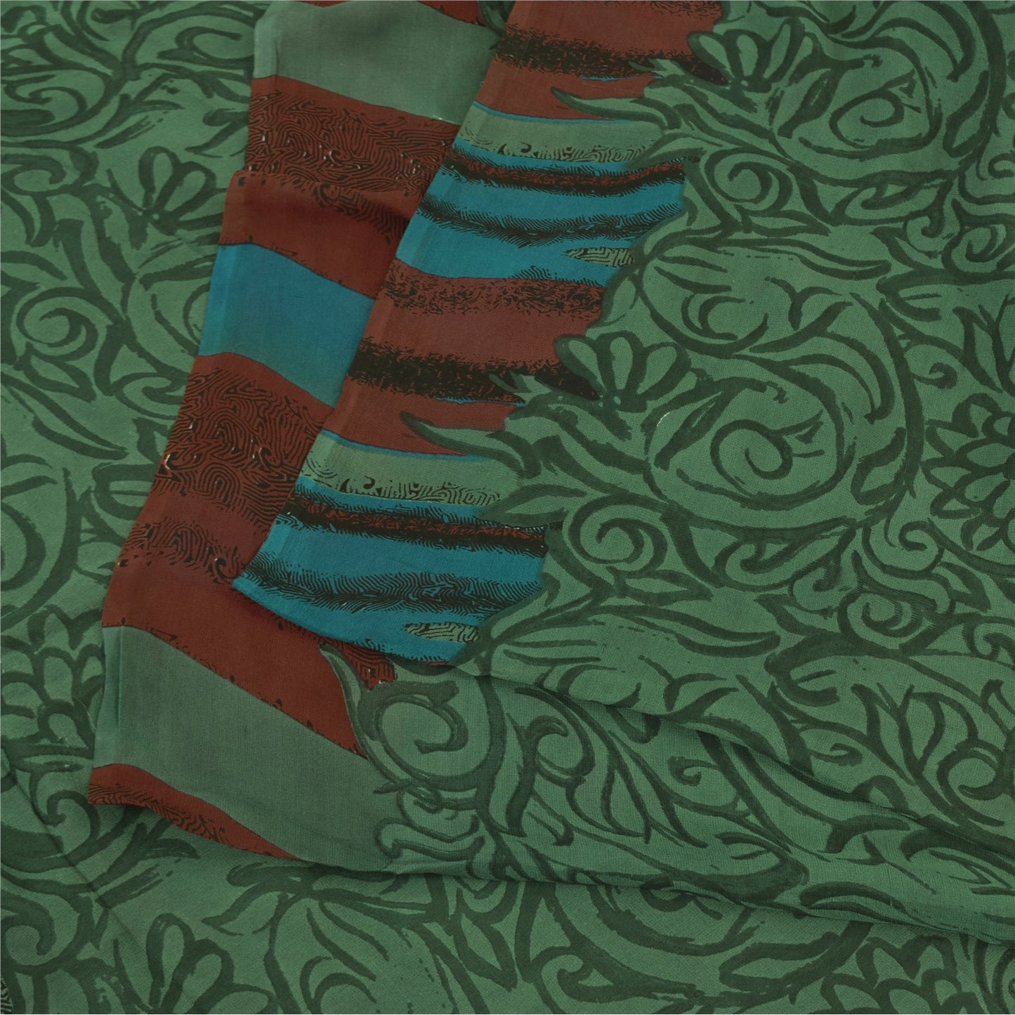 Sanskriti Vintage Sarees Green Pure Georgette Silk Print Sari 5+yd Craft Sustainable Fabric