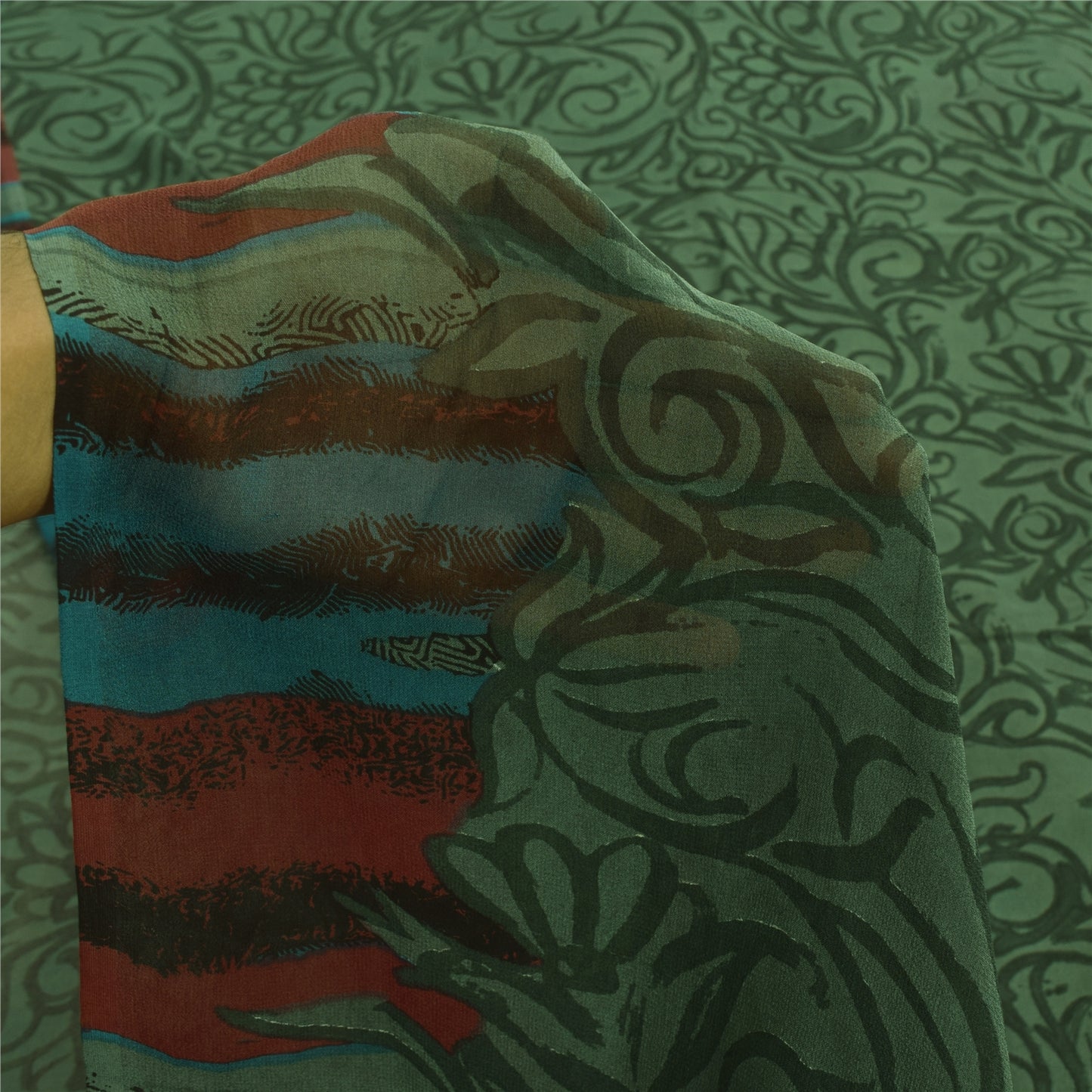 Sanskriti Vintage Sarees Green Pure Georgette Silk Print Sari 5+yd Craft Sustainable Fabric