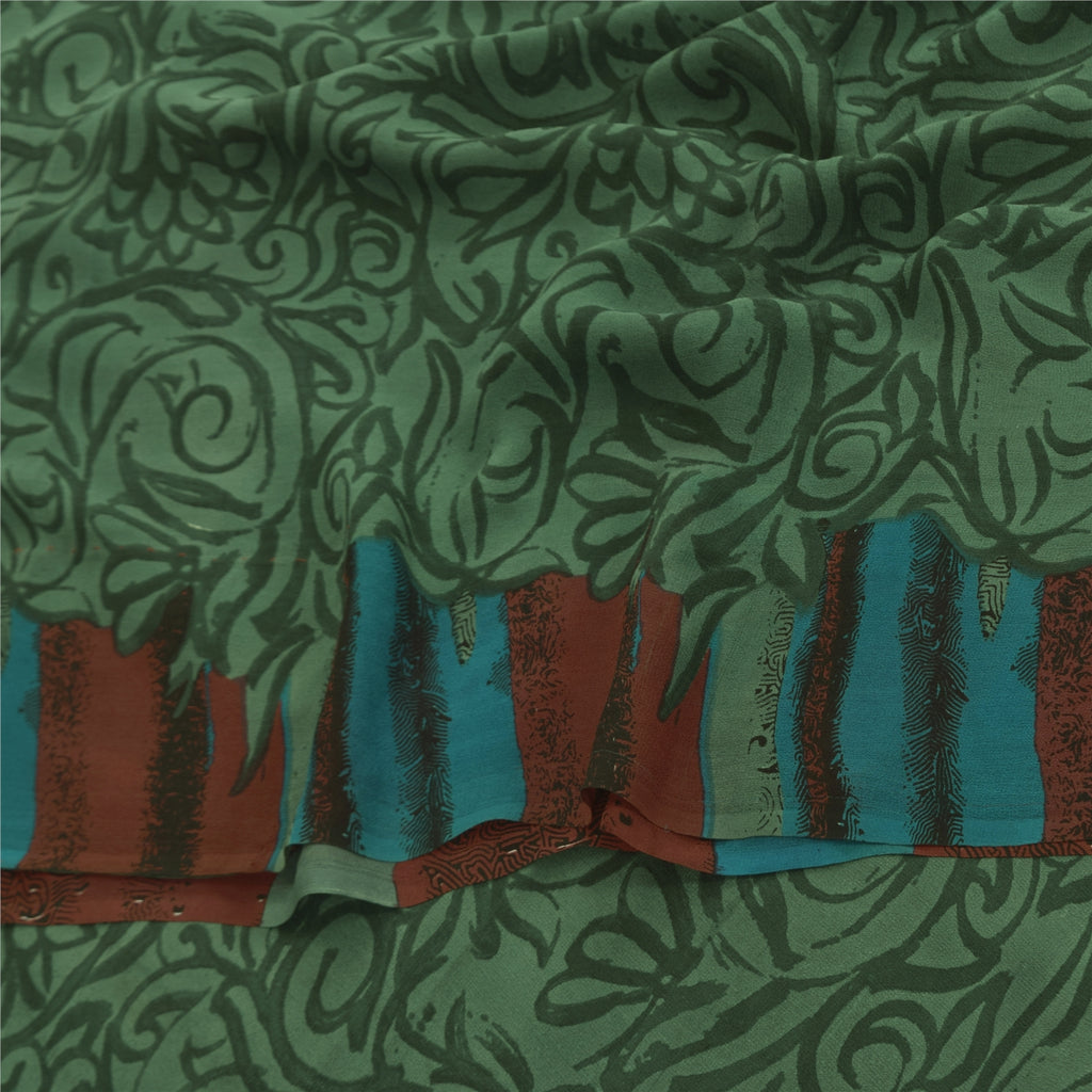 Sanskriti Vintage Sarier Grønne Sari Med Ren Georgette Silkeprint 5+ yards Håndværksmæssigt Bæredygtigt Stoff