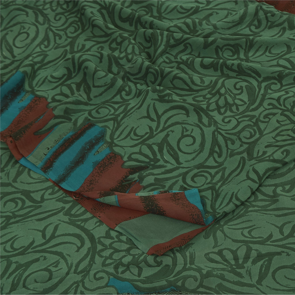 Sanskriti Vintage Sarees Green Pure Georgette Silk Print Sari 5+yd Craft Sustainable Fabric
