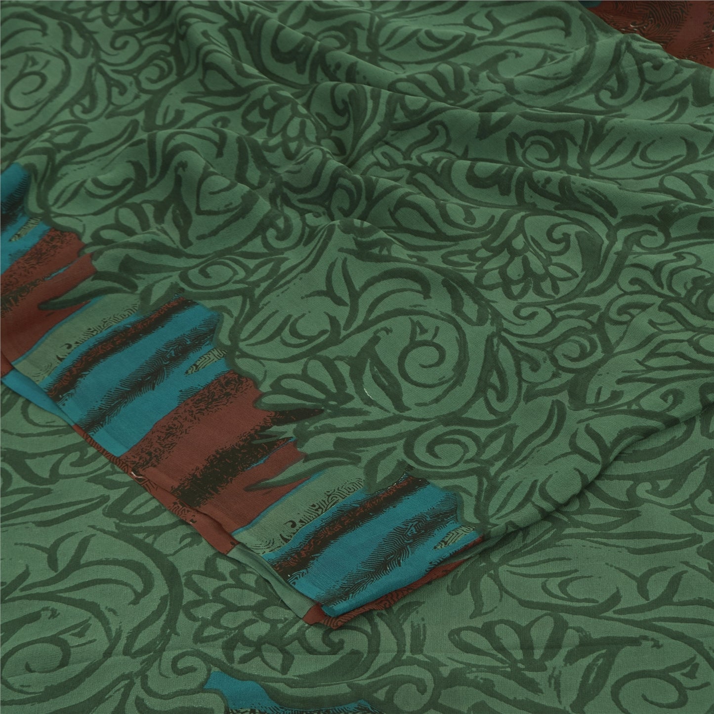 Sanskriti Vintage Sarees Green Pure Georgette Silk Print Sari 5+yd Craft Sustainable Fabric