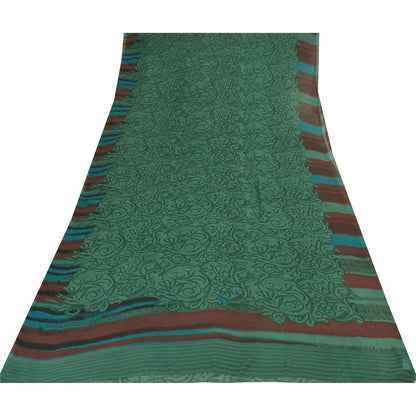 Sanskriti Vintage Sarees Green Pure Georgette Silk Print Sari 5+yd Craft Sustainable Fabric