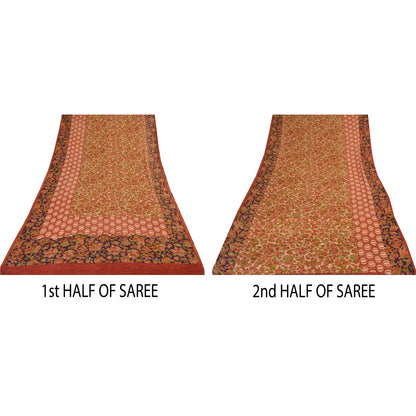 Sanskriti Vintage Sarees Dark Peach Pure Georgette Silk Print Sari Craft Sustainable Fabric