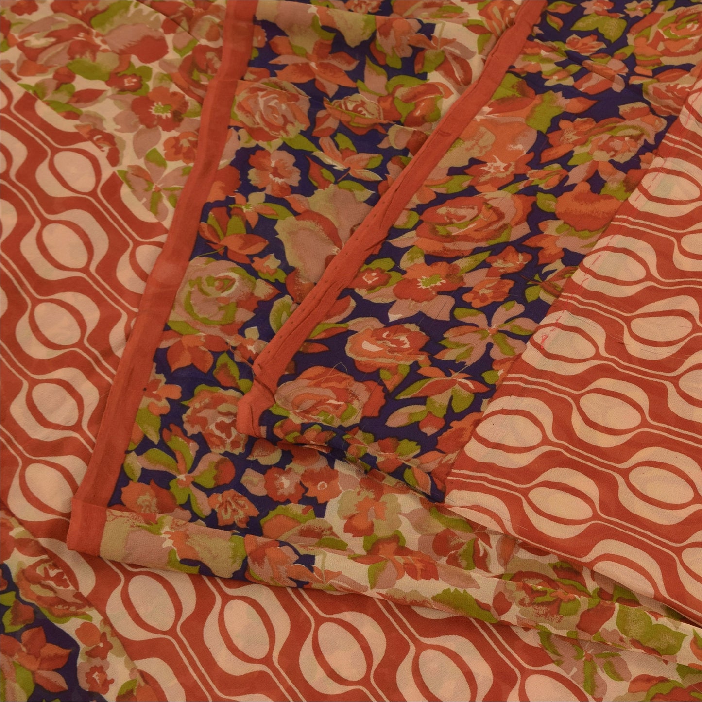 Sanskriti Vintage Sarees Dark Peach Pure Georgette Silk Print Sari Craft Sustainable Fabric