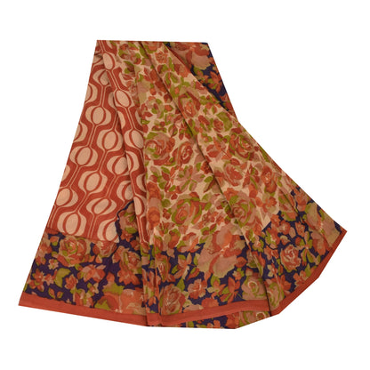 Sanskriti Vintage Sarees Dark Peach Pure Georgette Silk Print Sari Craft Sustainable Fabric
