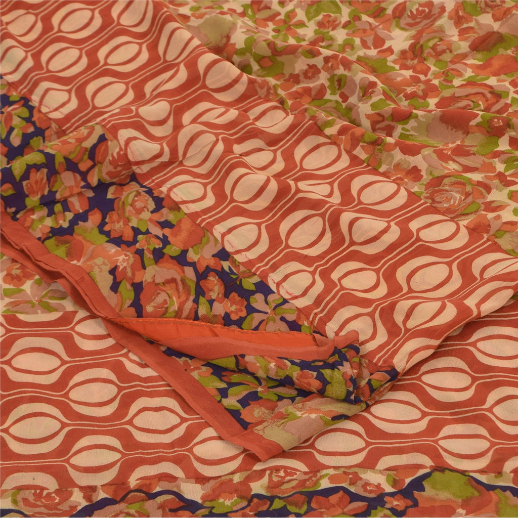 Sanskriti Vintage Sarees Dark Peach Pure Georgette Silk Print Sari Craft Sustainable Fabric