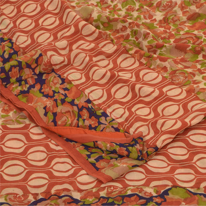 Sanskriti Vintage Sarees Dark Peach Pure Georgette Silk Print Sari Craft Sustainable Fabric