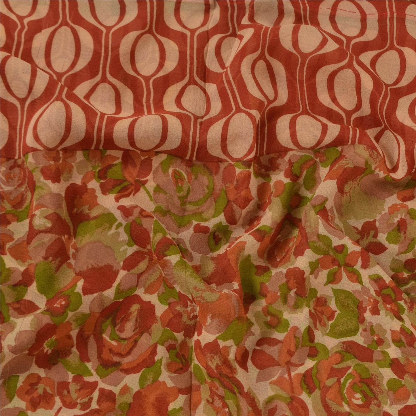 Sanskriti Vintage Sarees Dark Peach Pure Georgette Silk Print Sari Craft Sustainable Fabric