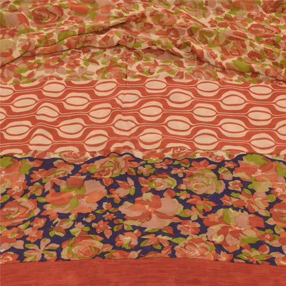 Sanskriti Vintage Sarees Dark Peach Pure Georgette Silk Print Sari Craft Sustainable Fabric