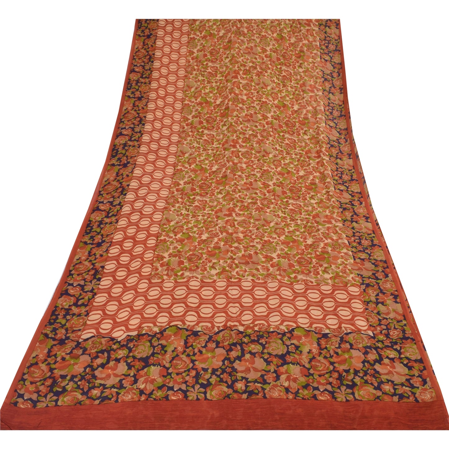 Sanskriti Vintage Sarees Dark Peach Pure Georgette Silk Print Sari Craft Sustainable Fabric