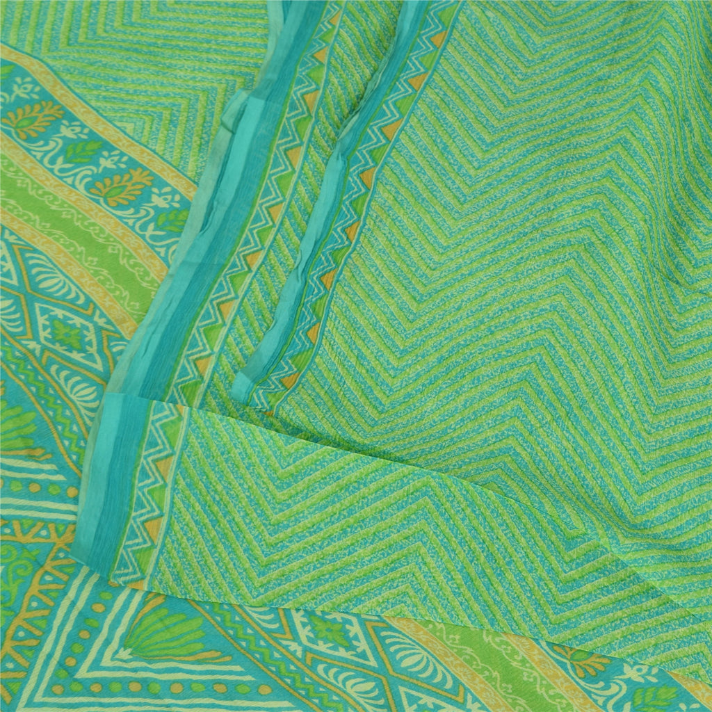 Sanskriti Vintage Sarees Green 100% Pure Georgette Print Sari 5+yd Craft Sustainable Fabric