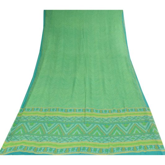 Sanskriti Vintage Sarees Green 100% Pure Georgette Print Sari 5+yd Craft Sustainable Fabric