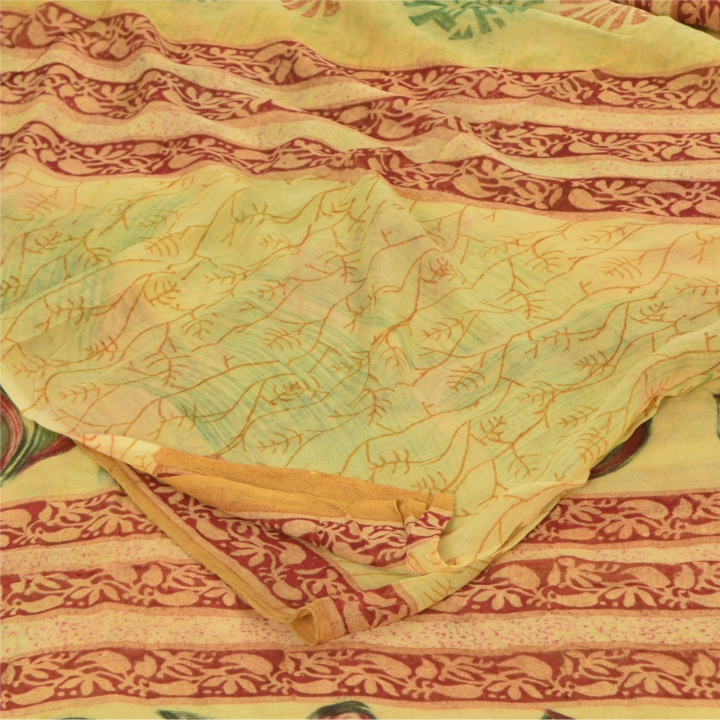 Sanskriti Vintage Sarees Yellow 100% Pure Georgette Print Sari 5+yd Craft Sustainable Fabric