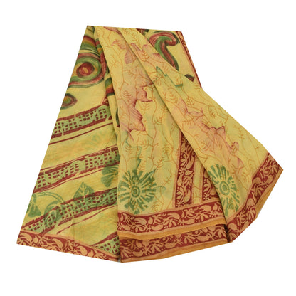 Sanskriti Vintage Sarees Yellow 100% Pure Georgette Print Sari 5+yd Craft Sustainable Fabric
