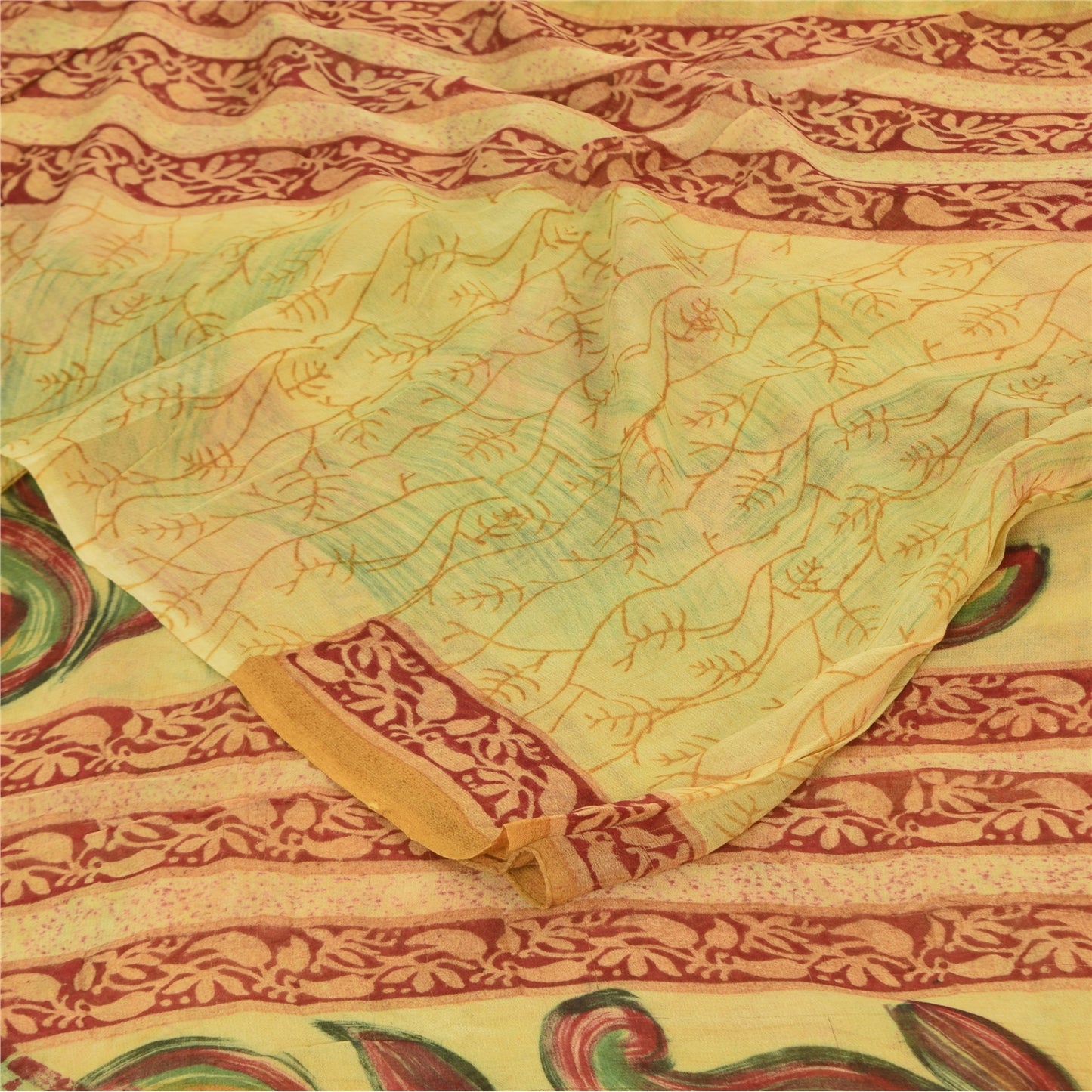 Sanskriti Vintage Sarees Yellow 100% Pure Georgette Print Sari 5+yd Craft Sustainable Fabric