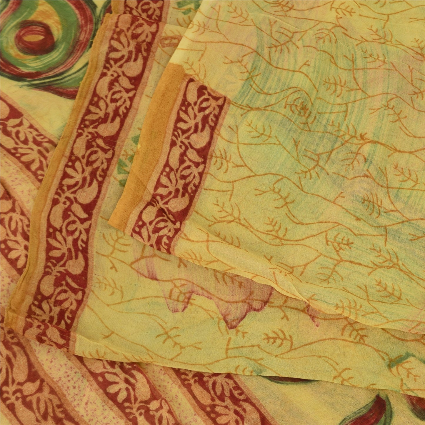 Sanskriti Vintage Sarees Yellow 100% Pure Georgette Print Sari 5+yd Craft Sustainable Fabric