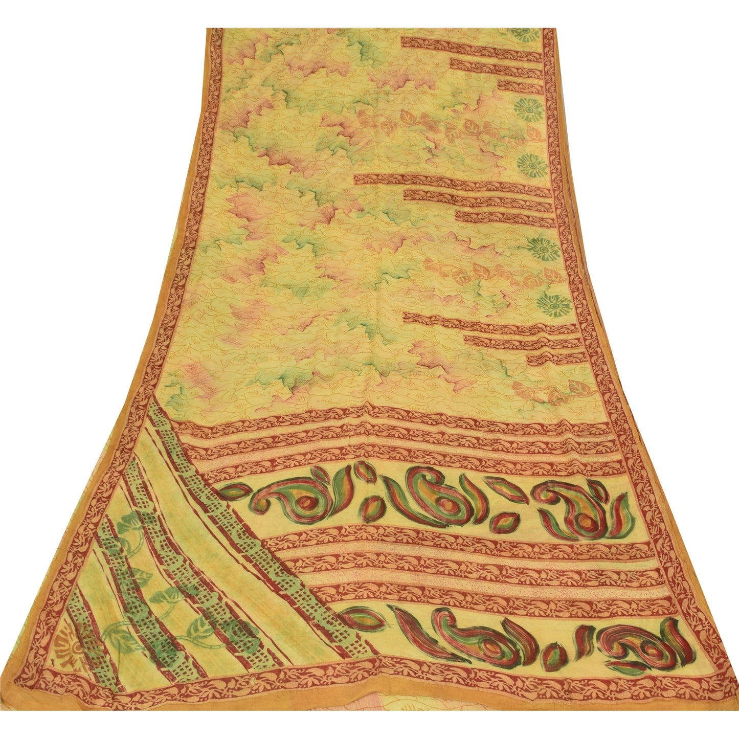 Sanskriti Vintage Sarees Yellow 100% Pure Georgette Print Sari 5+yd Craft Sustainable Fabric