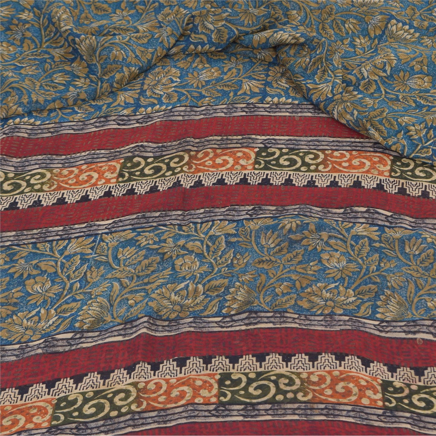 Sanskriti Vintage Sarees Blue Pure Georgette Silk Printed Sari 5+yd Craft Sustainable Fabric