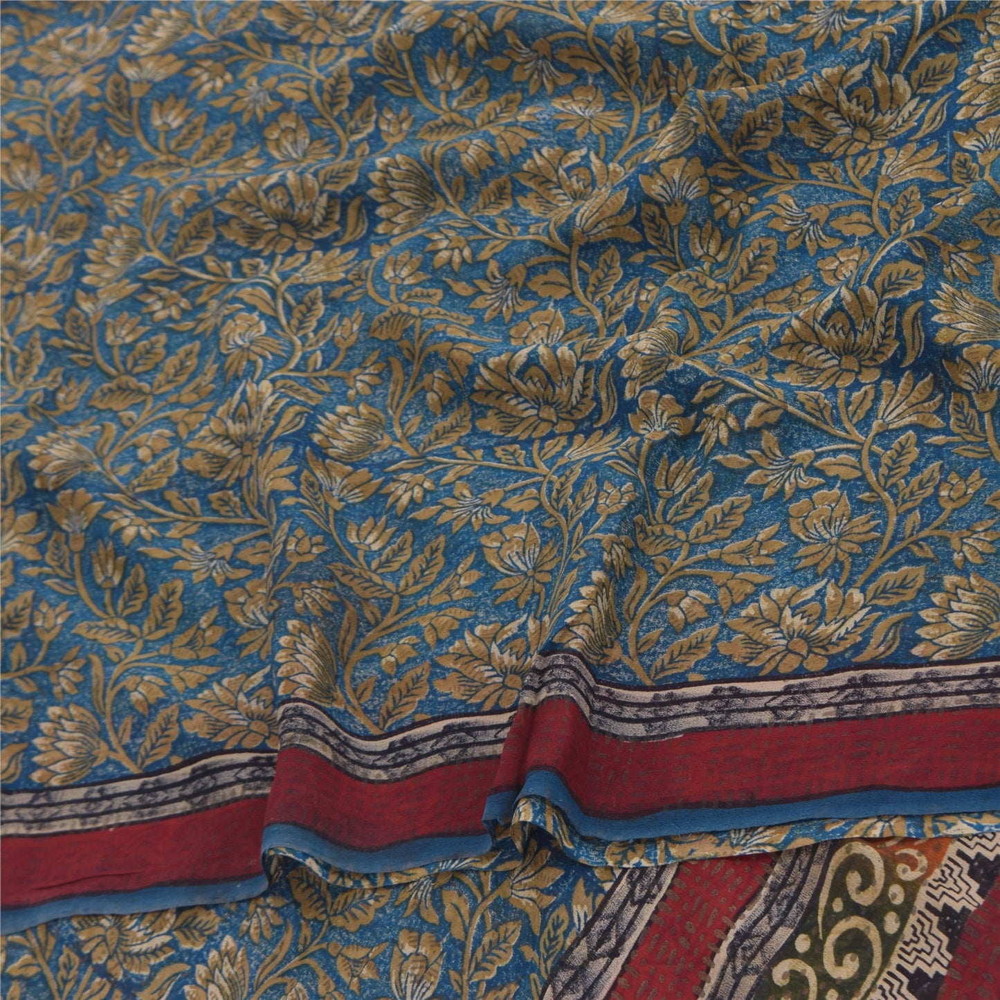 Sanskriti Vintage Sarees Blue Pure Georgette Silk Printed Sari 5+yd Craft Sustainable Fabric