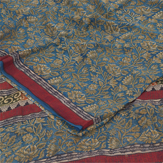 Sanskriti Vintage Sarees Blue Pure Georgette Silk Printed Sari 5+yd Craft Sustainable Fabric