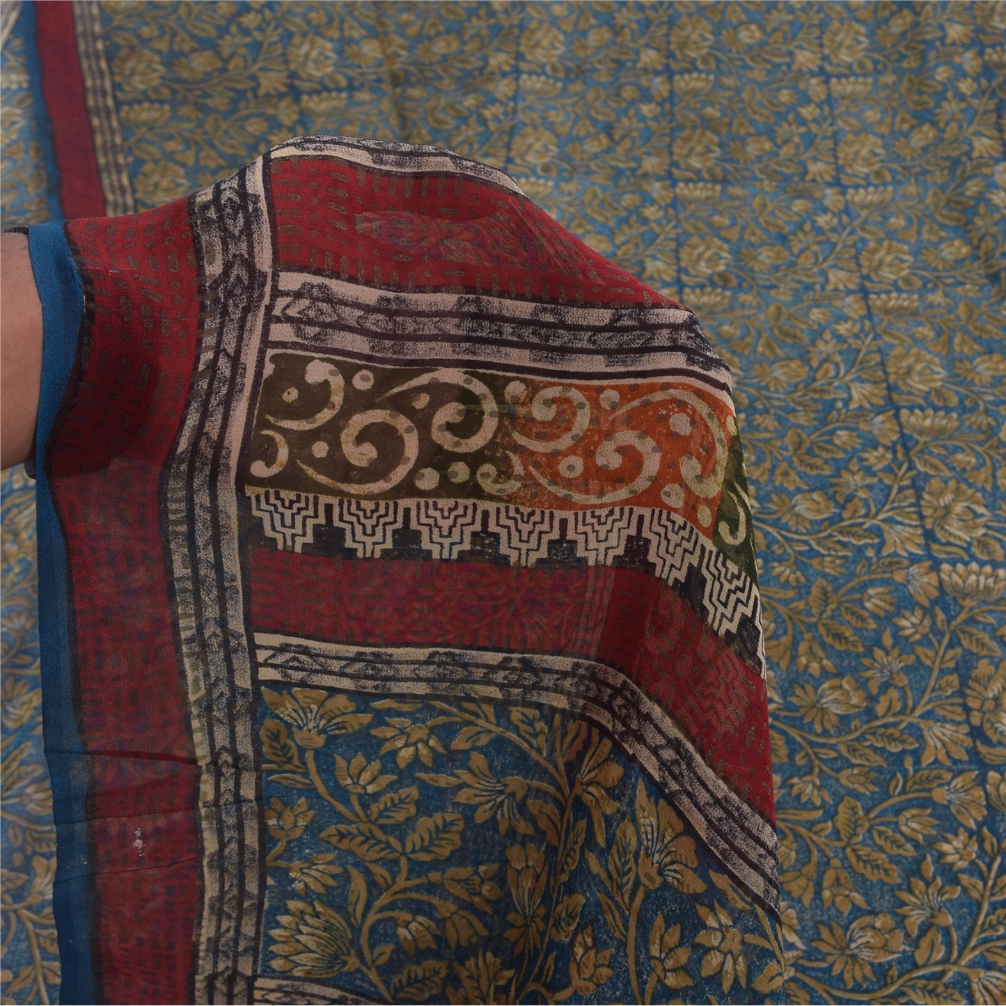 Sanskriti Vintage Sarees Blue Pure Georgette Silk Printed Sari 5+yd Craft Sustainable Fabric