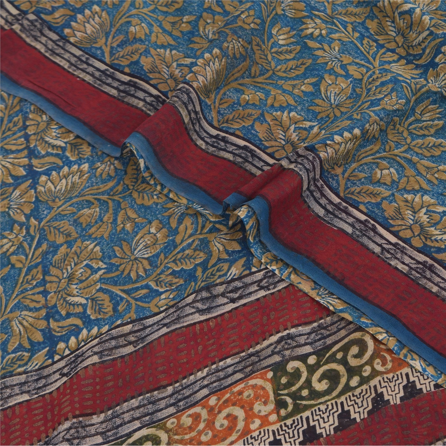 Sanskriti Vintage Sarees Blue Pure Georgette Silk Printed Sari 5+yd Craft Sustainable Fabric